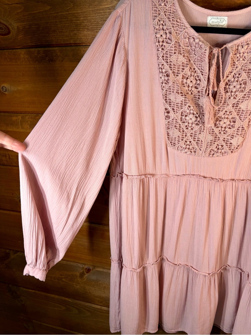 Mud Pie Lace Yoke Long Sleeve Tiered Dress in Dusty Rose Size M/L 💕🌸 - Picture 5 of 8